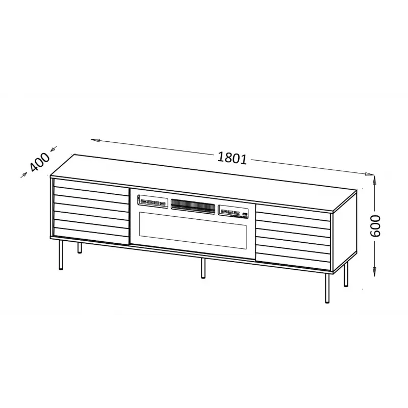TV skapis Cama Meble CORTINA 180x40x60 cm melns ar melnu kamīnu