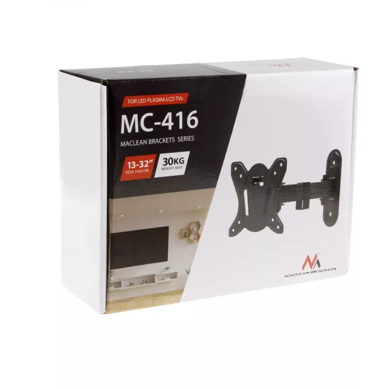 Maclean MC-416 TV Monitora sienas stiprinājums 13-32 30kg Sagāžams Pagriežams maks. VESA 100x100 Melna pulverkrāsojums LED OLED LCD Universāls Kronšteins Turētājs