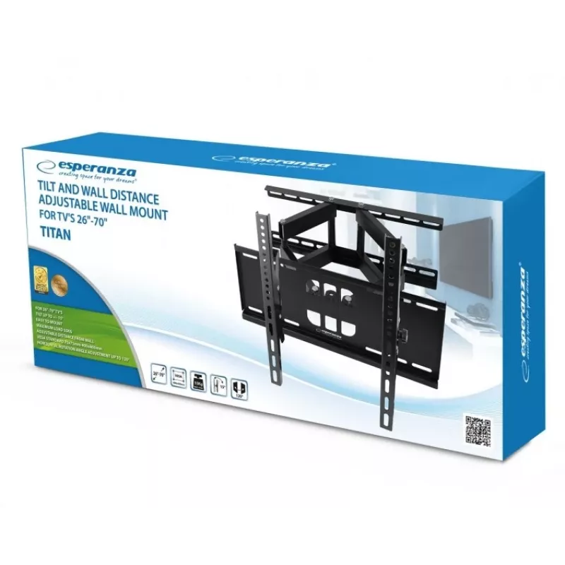 Sienas TV kronšteins Esperanza TITAN 26–70 collu (66–177,8 cm) televizoriem, slīpums ±15°, pagrieziens 120°, VESA līdz 400×400, maks. slodze 55 kg, melns