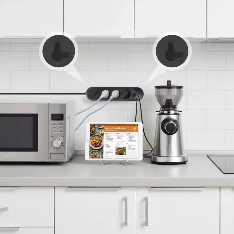 Strāvas sadalītājs MACLEAN MCE394 B — 3 rozetes + 3×USB A, 110–240 V, 2,1 A USB, 2500 W, 1,5 m kabelis, melns