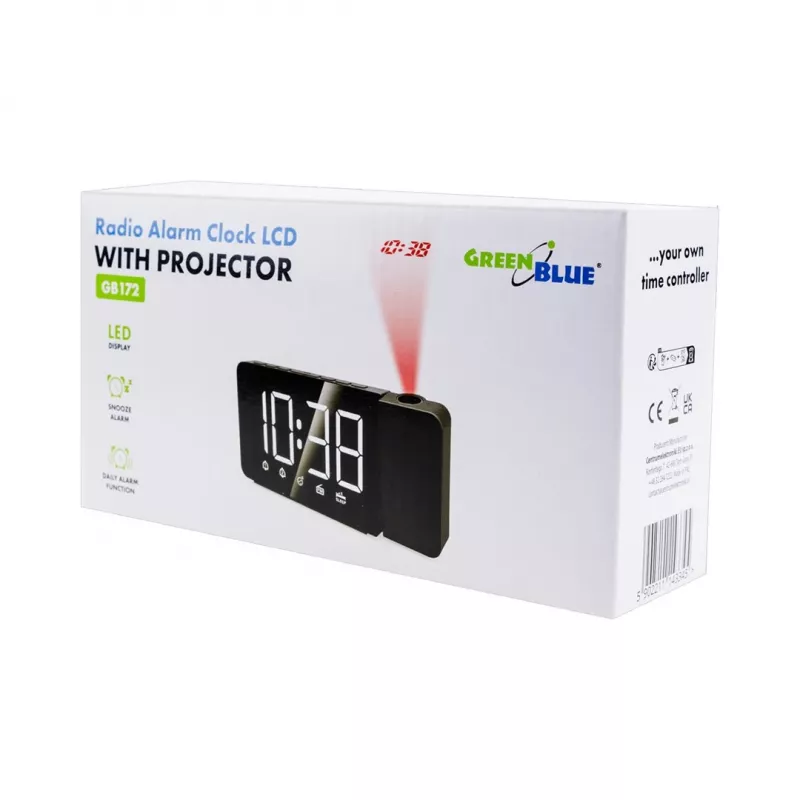 Digitālais LED pulksteņa radio GreenBlue GB172 ar FM uztvērēju, projektoru, termometru, USB 5V un CR2032 barošanu