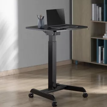 Pārnēsājams datorgalds ar riteņiem, sēd-stāv galds, regulējams augstumā līdz maks. 113 cm, noliecams līdz 30 grādiem, melns