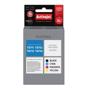 Saderīgu tintes kasetņu multipaka ActiveJet AEB-715N — Melna (pigmenta) 15 ml + Ciāna, Madženta, Dzeltena 15 ml (XL)