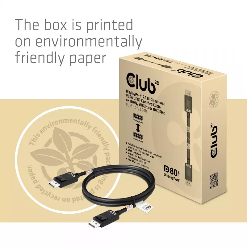 CLUB3D DisplayPort 2.1 Divvirzienu VESA DP80 sertificēts kabelis 4K240Hz, 8K60Hz vai 10K30Hz M/M 1,2 m/3,94 pēdas