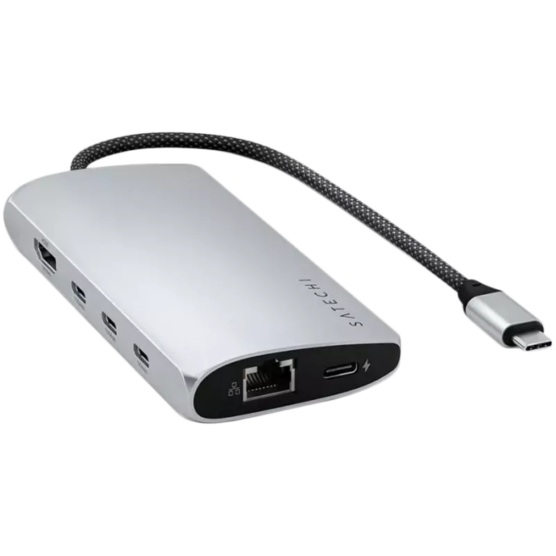 Klēpjdatora dokstacija/portu replikators Satechi ST-P8KES — Vadu USB 3.2 Gen 1 Type-C, Gigabit Ethernet, SD karšu lasītājs, Sudraba