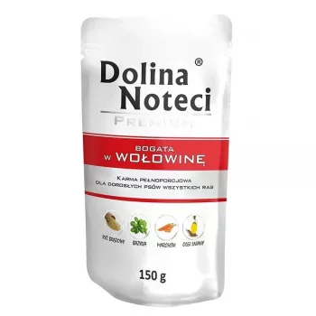 Mitrā suņu barība Dolina Noteci Beef Adult 150 g — 77% mitrums, 12% olbaltumvielas, 6,5% tauki
