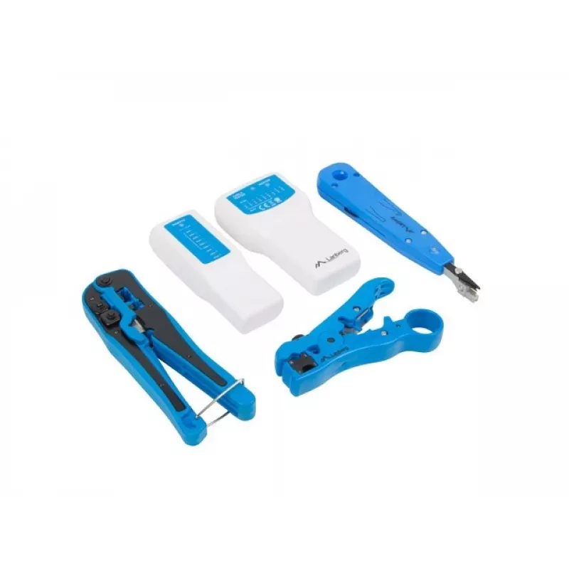 LANBERG kabeļu presēšanas instrumentu komplekts NT-0302 — RJ-45 presētājs, plastmasas rokturi, pārnēsāšanas futrālis, ieslēgšanas/izslēgšanas slēdzis, daudzkrāsains