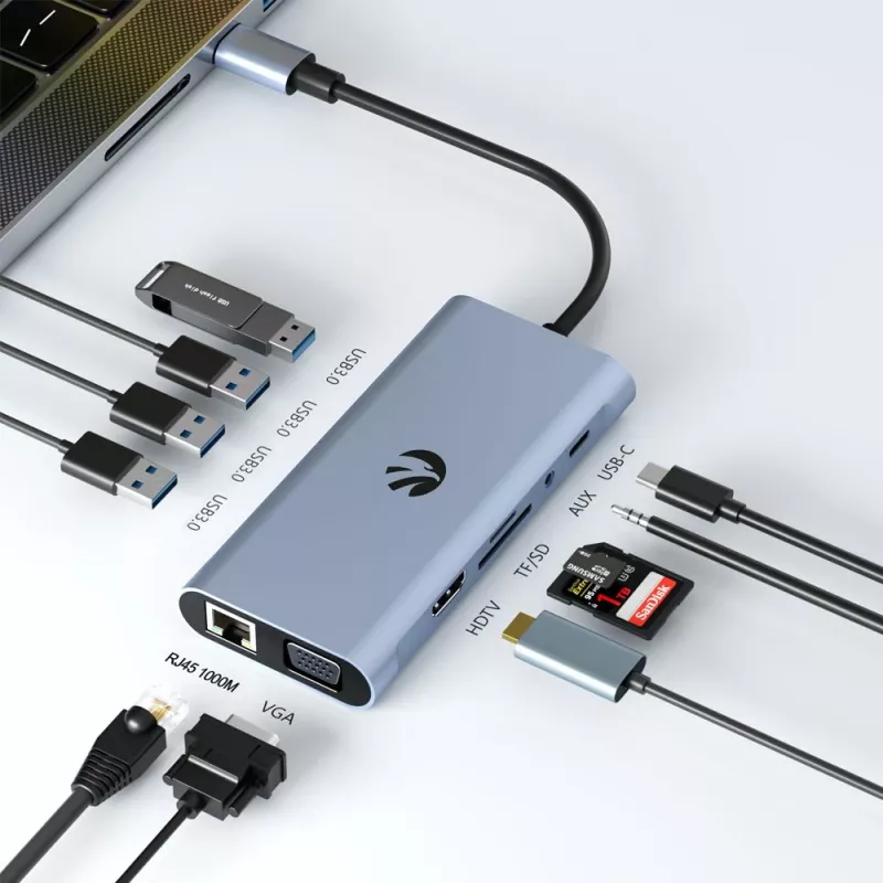 USB-C 11-in-1 adapteris Hawk HW-HUB1101 — daudzportu centrmezgls ar 11 pieslēgvietām