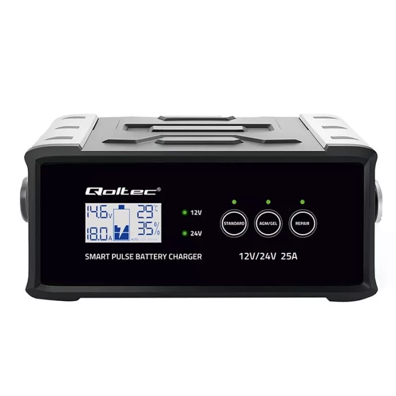 Baterijas lādētājs QOLTEC 52514 — 12V/24V, 25A, AGM/GEL/SLA baterijām ar LCD displeju