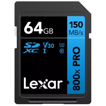 SDXC zibatmiņas karte Lexar 64 GB UHS-I 800xPRO — Class 10, U3, V30, 150 MB/s