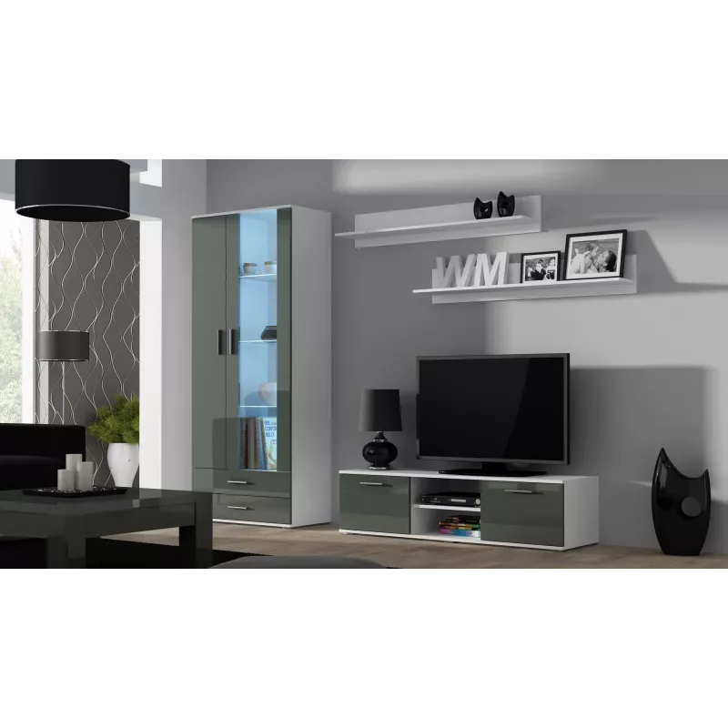 TV statīvs cama meble SOHO 140 — 1400×430×370 mm, balta virsma, skaidu plāksne, balts rāmis, balti/pelēks spīdums