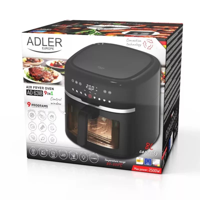 Adler AD 6318 karstā gaisa friteris, 8 l, 2500 W, LCD displejs, 9 programmas, melns
