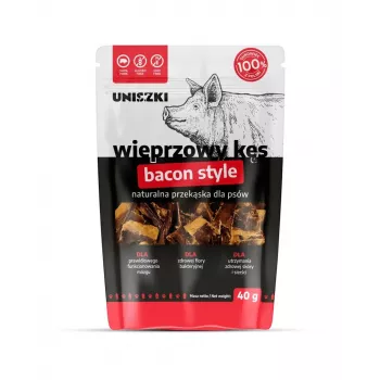 Mitrā suņu cienasta UNISZKI Bacon Style bite 40 g — cūkgaļas vienas porcijas paciņa, viena proteīna avots, hipoalerģisks