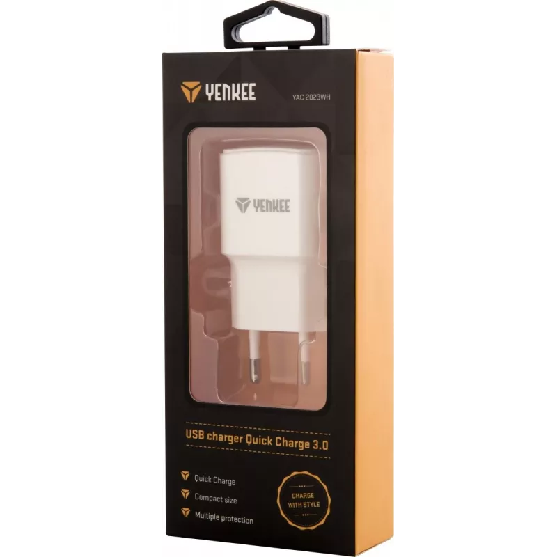 USB sienas lādētājs YENKEE YAC 2023WH 18W 3A Quick Charge 3.0