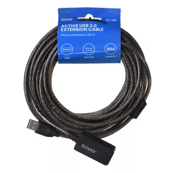 USB aktīvais porta pagarinātājs SAVIO CL-130 10 m USB 2.0 A vīrietis–sieviete, 5 V, melns