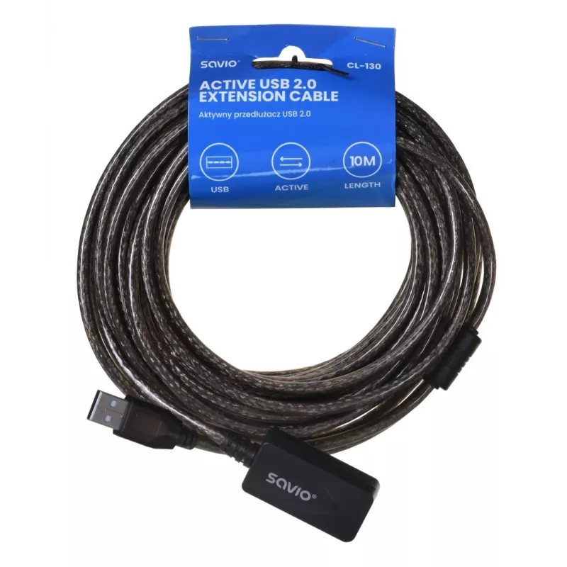 USB aktīvais porta pagarinātājs SAVIO CL-130 10 m USB 2.0 A vīrietis–sieviete, 5 V, melns