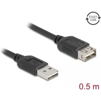 USB A vīrs uz USB A sievišķais kabelis DELOCK 81511 — USB 2.0, 0,5 m, melns, apzeltīti kontakti