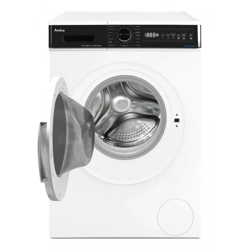 Brīvi stāvoša veļas mazgājamā mašīna AMICA WA3S712BLiSHB, 7 kg, 1200 apgr./min, 2100 W, LED displejs, melnas durvis