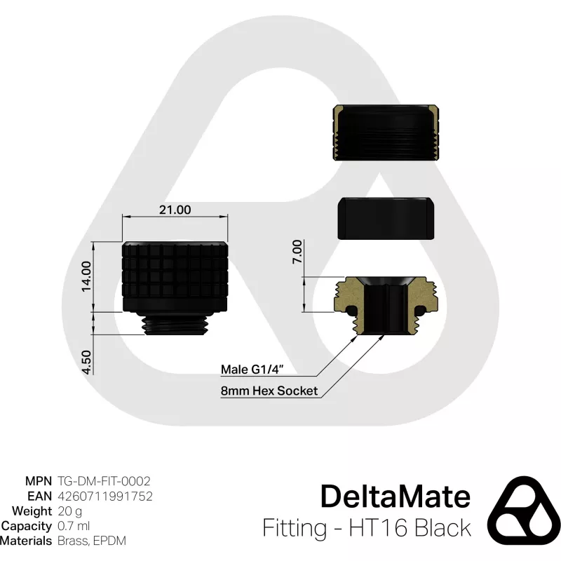 Thermal Grizzly DeltaMate Fitting HT16 savienojums, melns — CPU dzesētāja montāžas piederums