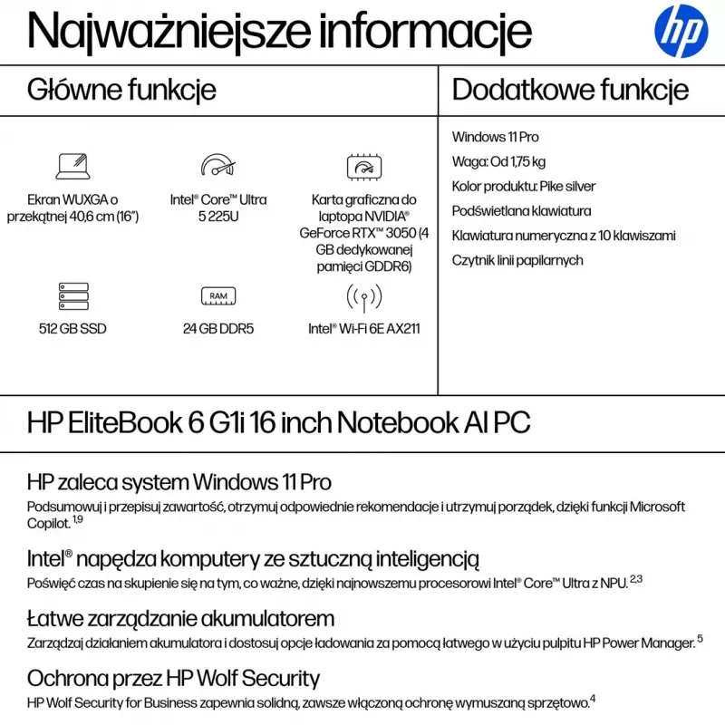 HP EliteBook 6 G1i Ultra 5 225U 16.0WUXGA IPS 300nits AG 24GB DDR5 5600 SSD512 Arc Cam 5Mpx 56Wh W11Pro Pike sudrabains alumīnijs 3G uz vietas