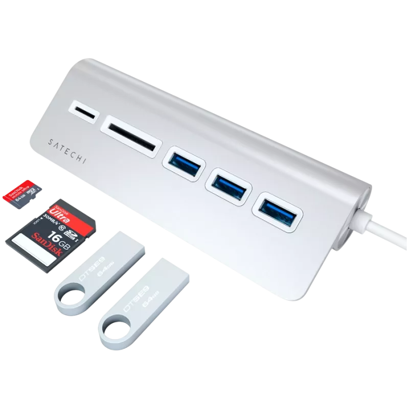 Satechi Type-C Alumīnija USB centrmezgls un karšu lasītājs, Sudraba, ST-TCHCRS