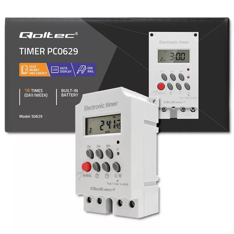 DIN-sliedes elektroniskais taimeris QOLTEC PC0629 — 24V barošana, 16A izeja