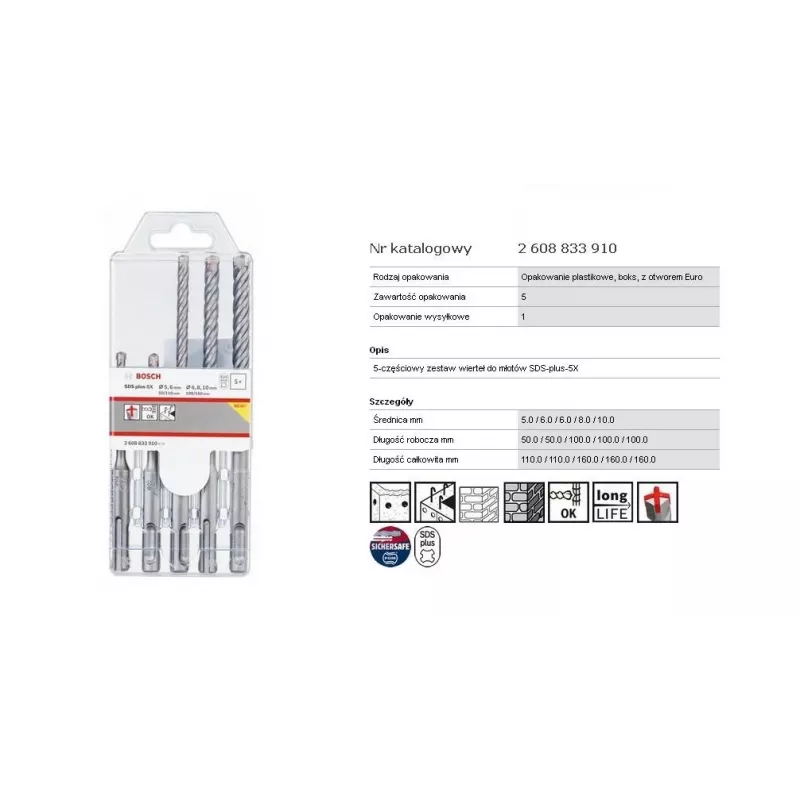 Triecienurbju uzgaļu komplekts Bosch PRO SDS plus-5X, 5 gab. (SDS-plus)
