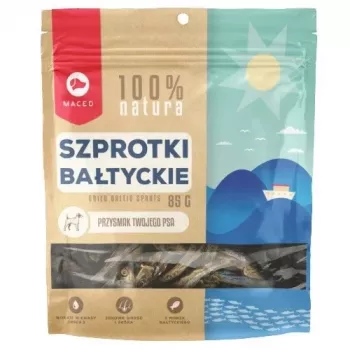 Suņu kārumi MACED Brētliņas 85 g — zivju uzkoda pieaugušiem suņiem, olbaltumvielas 49% tauki 38%, bez konservantiem un glutēna