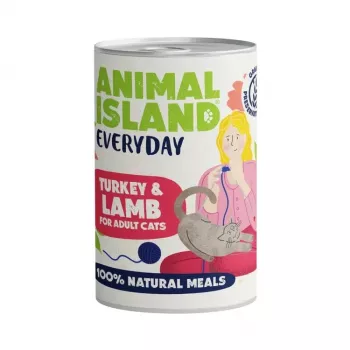 Mitrā kaķu barība animal island Everyday Turkey and Lamb 400 g — pilnvērtīga barība pieaugušiem kaķiem, olbaltumvielas 11,1%, tauki 5,3%, mitrums 78,8%