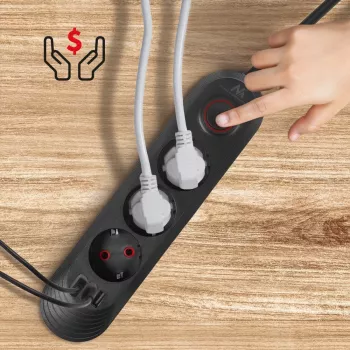Strāvas sadalītājs MACLEAN MCE394 B — 3 rozetes + 3×USB A, 110–240 V, 2,1 A USB, 2500 W, 1,5 m kabelis, melns