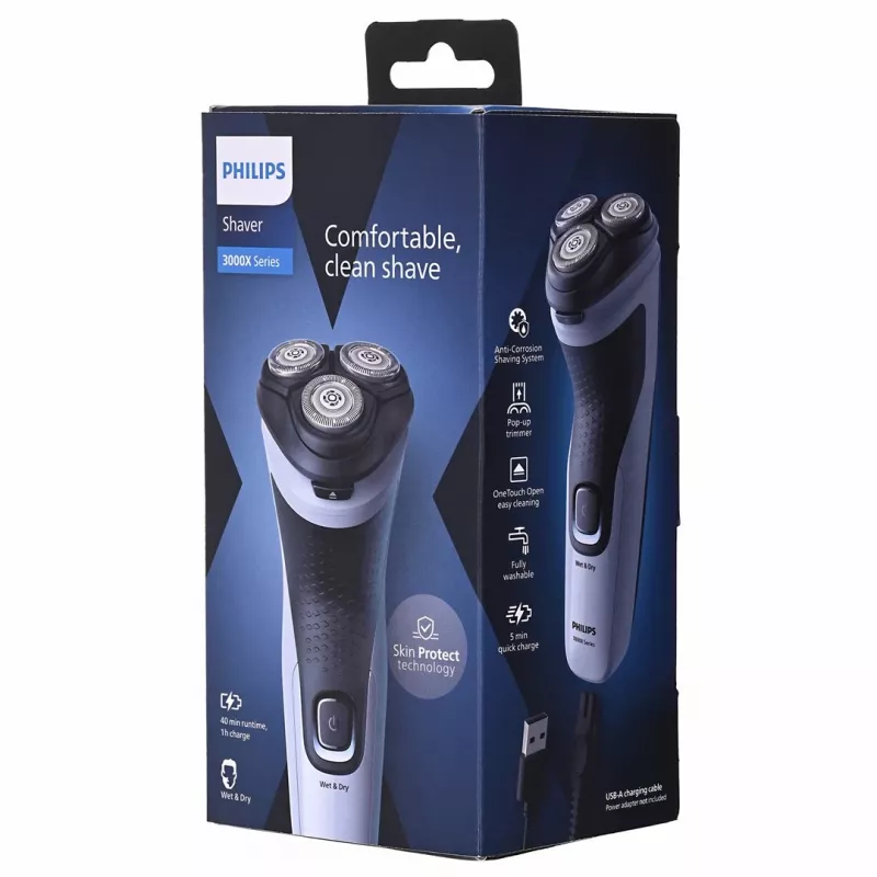 Elektriskais rotācijas skuveklis Philips 3000X Series X3003/00 — 3 galviņas, mitrai un sausai, NiMH akumulators, 40 min darbības laiks