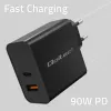 Qoltec 52381 Super Quick PD lādētājs | 1xUSB-C | 1xUSB | 90W | 5-20V | 2.4-4.35A | Melns