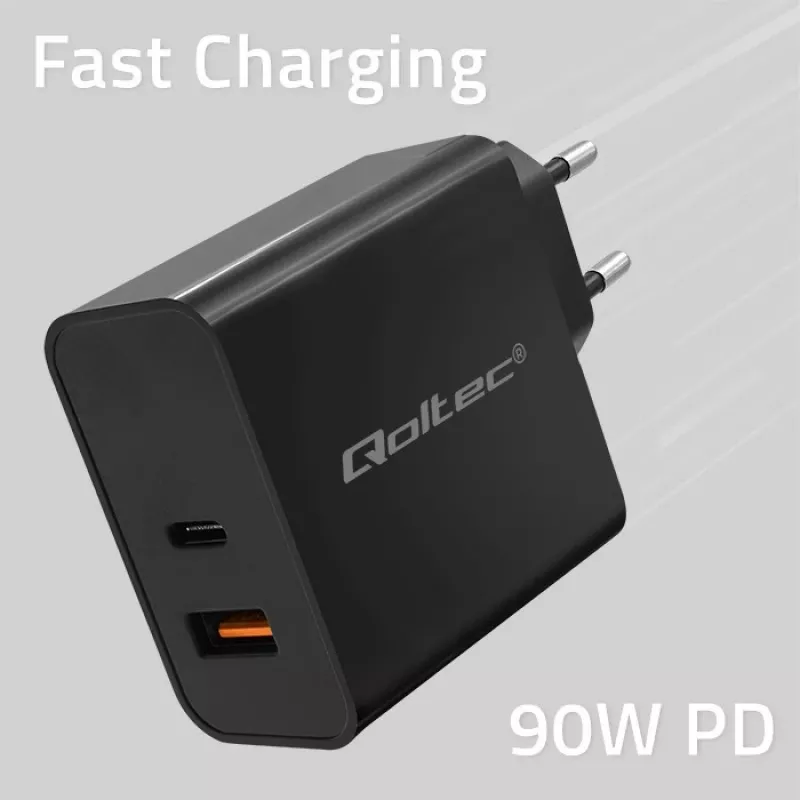 Qoltec 52381 Super Quick PD lādētājs | 1xUSB-C | 1xUSB | 90W | 5-20V | 2.4-4.35A | Melns