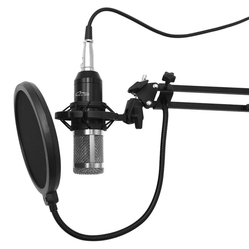 PC mikrofons MEDIA-TECH MT397S — vadu, XLR ieeja, 20–20000 Hz, 150 Ω, -32 dB, 2,4 m kabelis, galda statīvs, melns