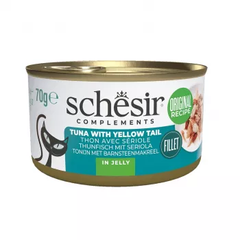 Mitrā kaķu barība Agras Pet Foods SCHESIR Complements Tuncis ar dzeltenastes zivtiņu želejā 70 g, 85% mitrums, 12,5% olbaltumvielas