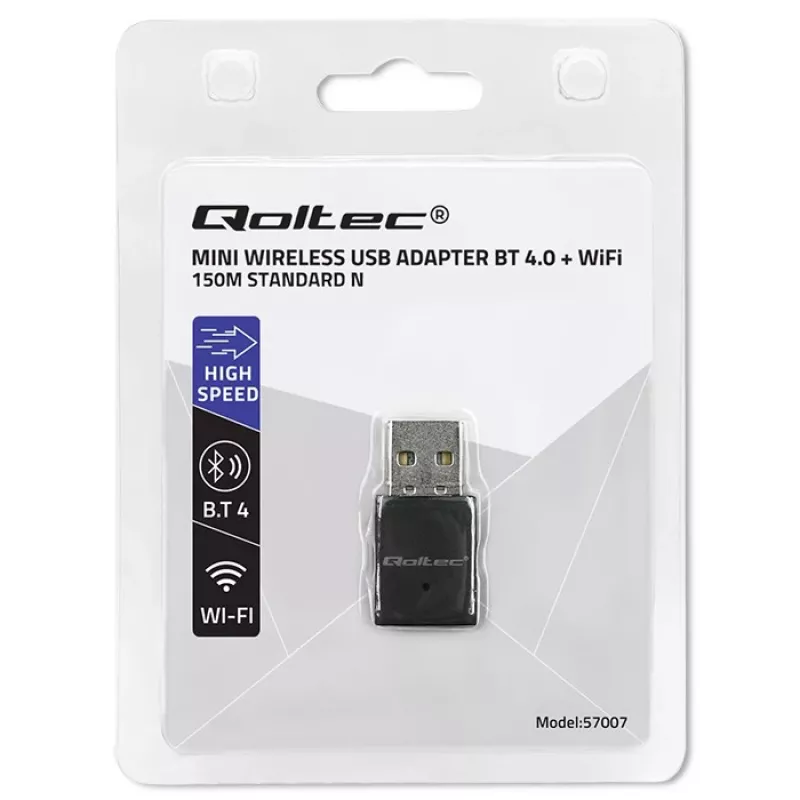 Bezvadu Mini USB Wi‑Fi adapteris QOLTEC 57007 — vienas joslas 2,4 GHz, līdz 150 Mb/s, iekšējā antena