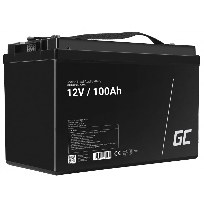 Transportlīdzekļu/jūras atpūtas akumulators zaļa Cell AGM30 12 V 100 Ah Hermētisks svina-skābes (VRLA), bez apkopes, 171×214×330 mm