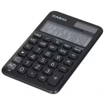 Pamata kalkulators CASIO SL-310UC-BK — 10 ciparu, ar baterijām/saules enerģiju, nodokļu un peļņas funkcijas, kabatas izmērs (70×118×8,4 mm), melns