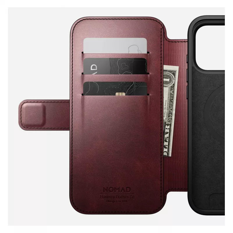 Mobilā tālruņa vāciņš Nomad Modern Leather Folio iPhone 17 Pro Max — āda, TPU, PC, alumīnijs, bordo, 16 cm (6,3 collas)