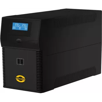 ORVALDI ID2K0CH Line-Interactive 2 kVA / 1200 W bezpārtraukuma barošanas avots, 24 V, 9 Ah akumulatori, LCD, USB, kompakts melns