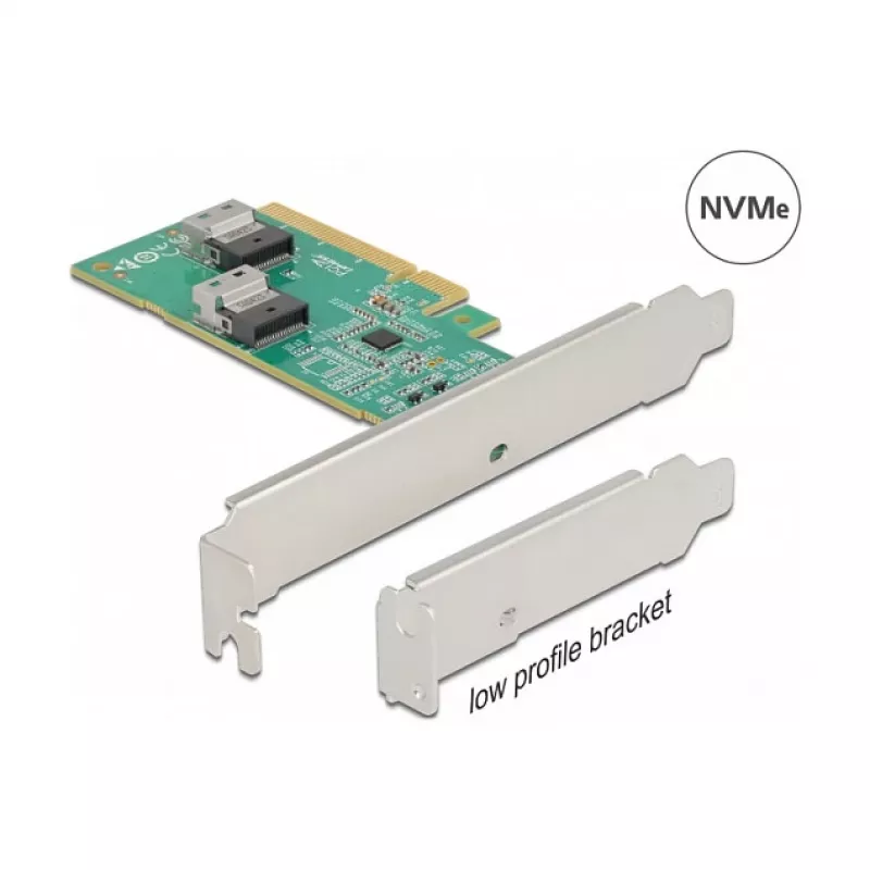 DeLOCK PCI Express 4.0 x8 karte uz 2 iekšējām SFF-8654 4i NVMe pieslēgvietām, zema profila