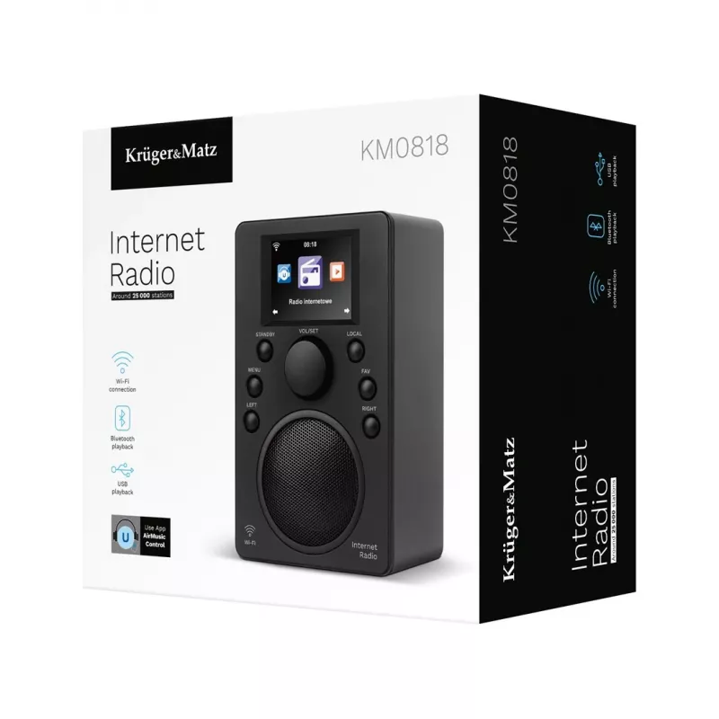 Interneta radio Kruger & Matz KM0818.1 ar Wi‑Fi, Bluetooth, USB un modinātāju