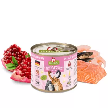 Mitrā kaķu barība Fox4Pets DeliCATessen lasis jūras veltes 200 g bundžiņa, pilnvērtīga pieaugušo kaķu barība, 10,2% olbaltumvielu, 5,5% tauku, 80% mitruma