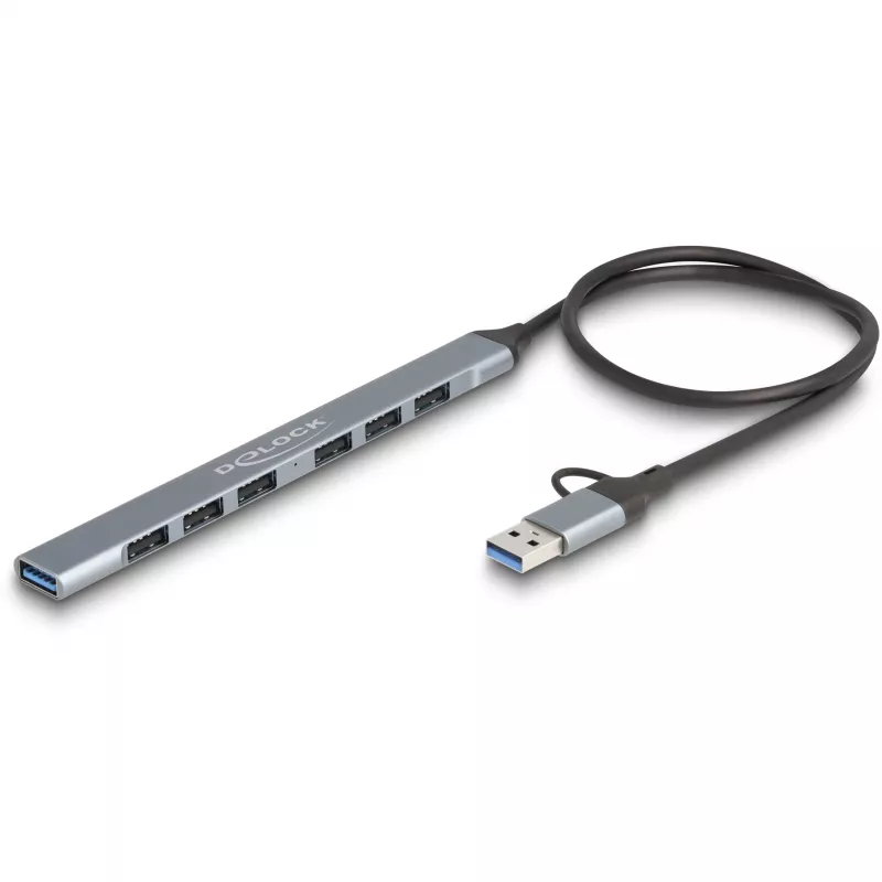 DELOCK 4 Port plāns USB Hub — USB 3.2 Gen 1 Host Type-C, 3× USB 5 Gbps Type-C + 1× USB 5 Gbps Type-A, pelēks, metāls