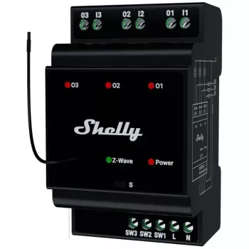 Viedais relejs Shelly Wave PRO 3 — melns, plastmasas korpuss, 110–240 V AC, 50–60 Hz, 0,3 W, 53×59×96 mm