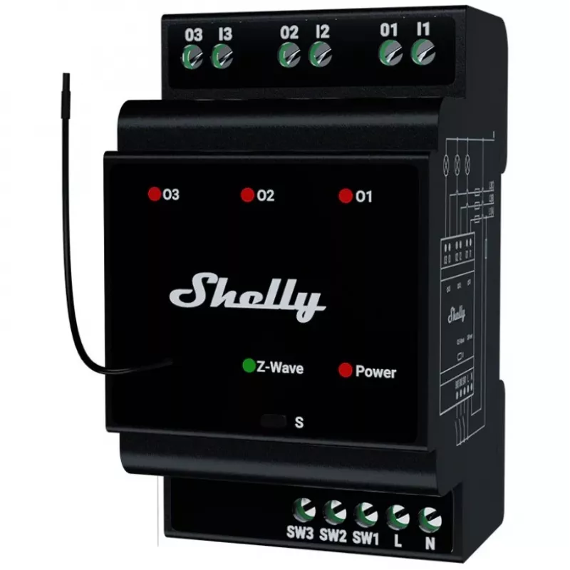 Viedais relejs Shelly Wave PRO 3 — melns, plastmasas korpuss, 110–240 V AC, 50–60 Hz, 0,3 W, 53×59×96 mm