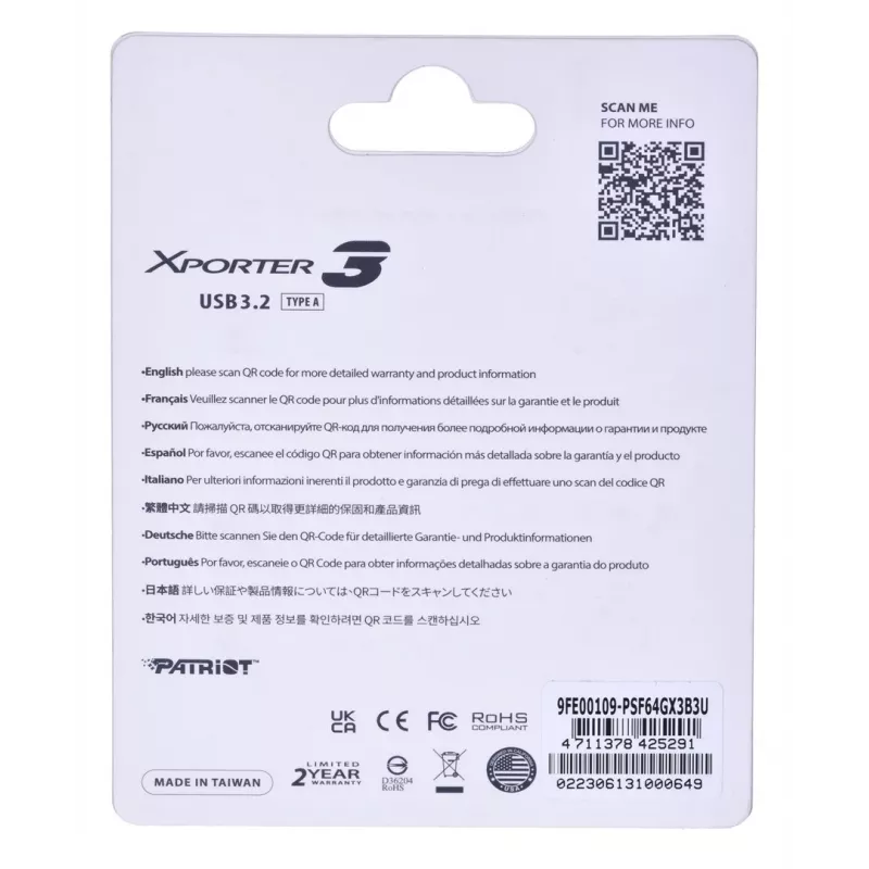 USB zibatmiņa PATRIOT Xporter 64GB USB Type-A 3.2 Gen 1 (bīdāma, melna, 80 MB/s)