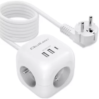 Power Cube QOLTEC 52547 strāvas sadalītājs 3× maiņstrāvas kontaktligzdas, 2× USB-A, 1× USB-C PD 20W