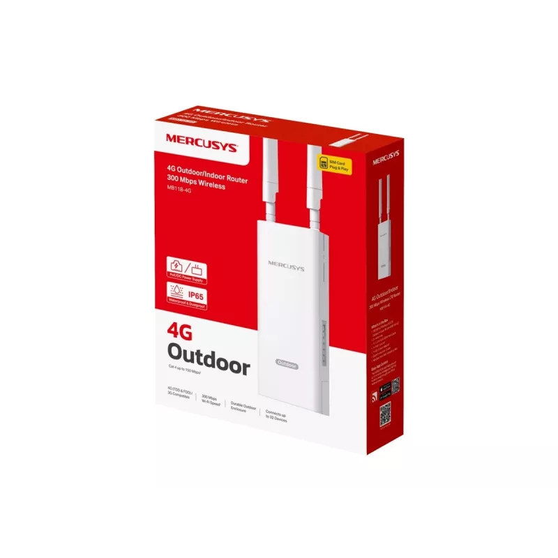 Bezvadu maršrutētājs TP-LINK MB118-4G — 4G LTE, vienas joslas 2,4 GHz, Wi‑Fi 4 (802.11n), 300 Mb/s, Fast Ethernet, 4 ārējās antenas, balts