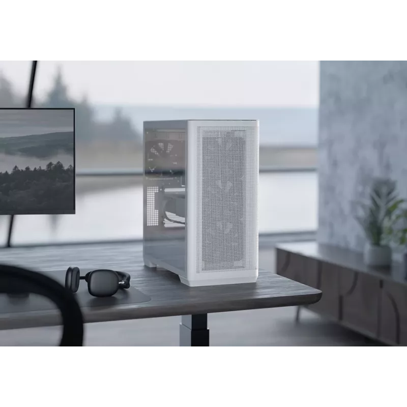 APNX PC Midi Tower C1-R-WT-v1 — balta, atbalsta ATX/Micro-ATX/Mini-ITX, 3x120 mm priekšējie ventilatori uzstādīti, 3x3,5 collu + 3x2,5 collu nodalījumi, USB 3.2 Gen1 x2